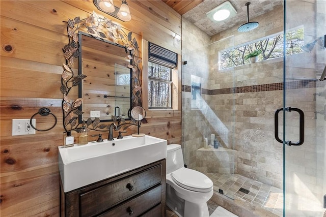 157 Beechwood Dr, Cleveland, GA 30528 - bathroom featuring vanity, a shower stall, and wooden walls