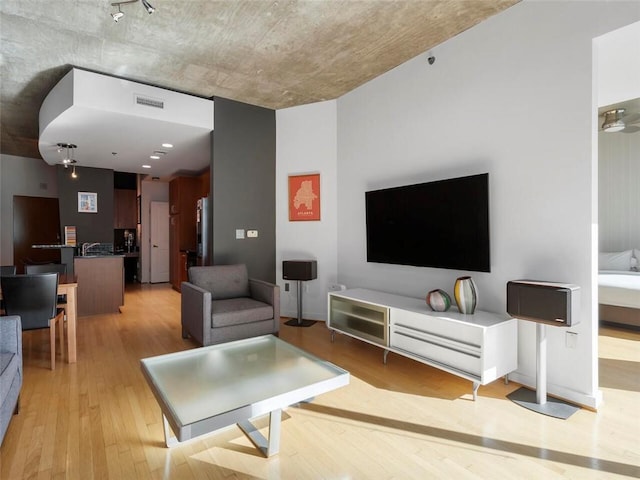 living room with sink and light hardwood / wood-style floors