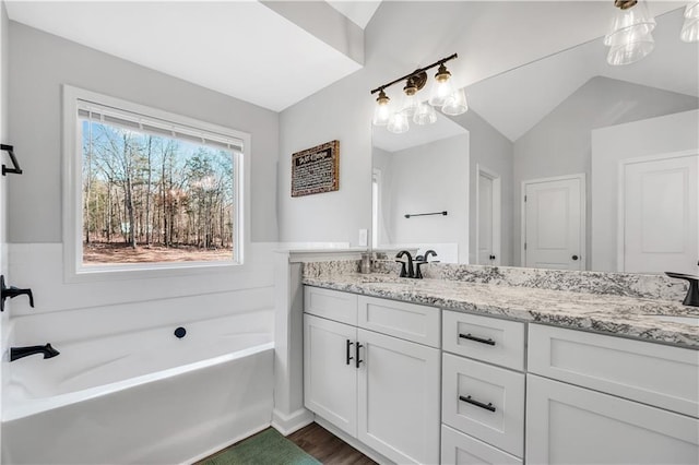 bathroom featuring vanity, vaulted ceiling, wood-type flooring, and a washtub