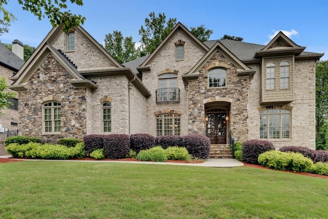 french country inspired facade with a front yard, stone siding, and french doors