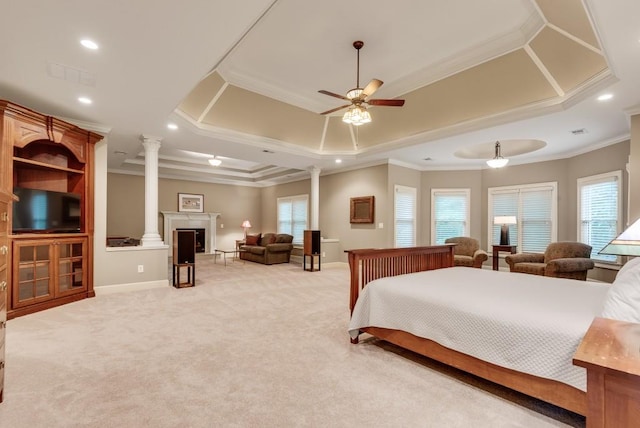 bedroom with decorative columns, crown molding, light carpet, baseboards, and recessed lighting