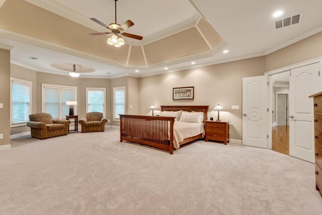 bedroom featuring crown molding, multiple windows, light colored carpet, baseboards, and recessed lighting