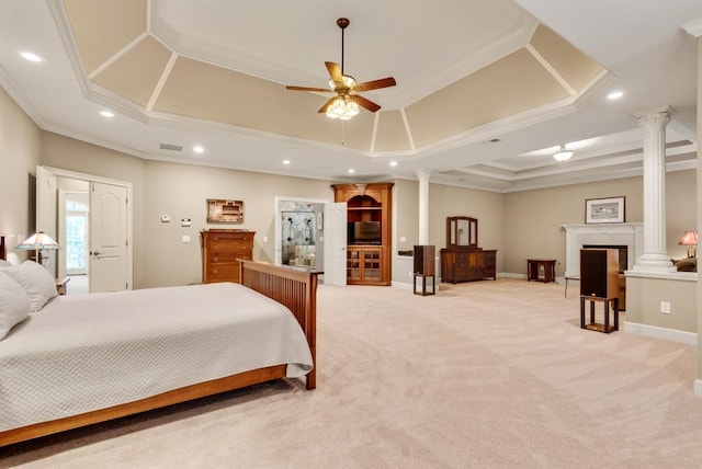 bedroom featuring decorative columns, crown molding, light carpet, and recessed lighting
