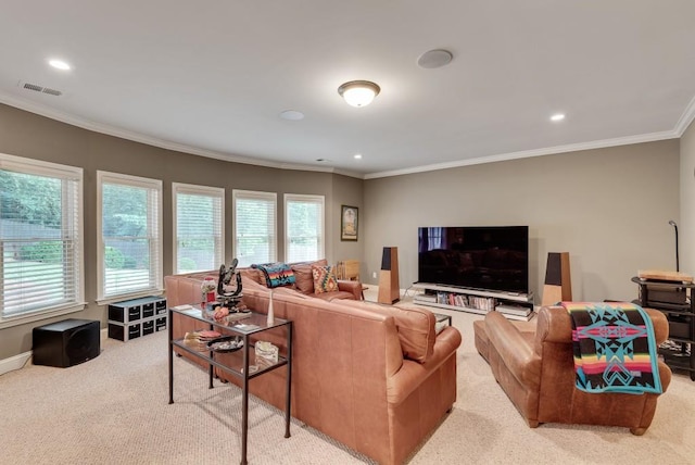 living room with carpet, plenty of natural light, crown molding, and recessed lighting