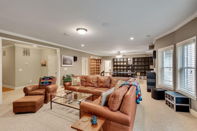 carpeted living room featuring baseboards, crown molding, a ceiling fan, and recessed lighting
