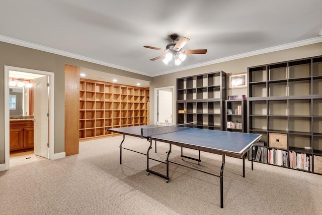 recreation room with ornamental molding, carpet floors, ceiling fan, baseboards, and recessed lighting