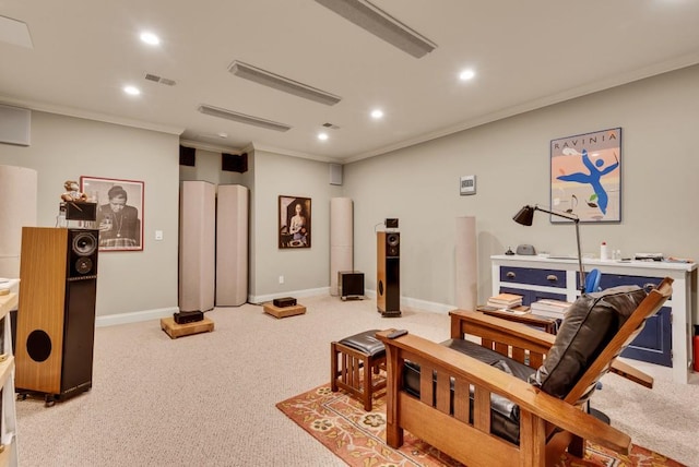 living room with crown molding, recessed lighting, baseboards, and light carpet