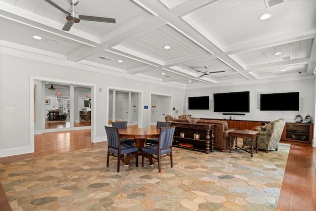 dining space with beamed ceiling, coffered ceiling, a ceiling fan, and recessed lighting