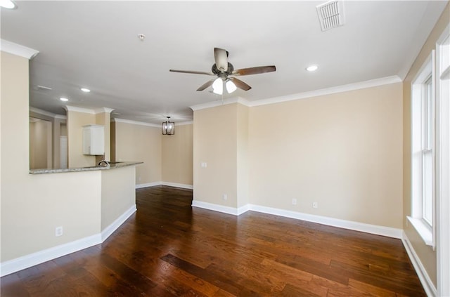 1965 Nocturne Dr Unit 1306A, Alpharetta, GA 30009 - unfurnished living room with a ceiling fan, recessed lighting, baseboards, dark wood-style floors, and crown molding