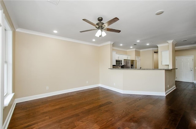 1965 Nocturne Dr Unit 1306A, Alpharetta, GA 30009 - unfurnished living room with recessed lighting, ceiling fan, dark wood finished floors, ornamental molding, and baseboards