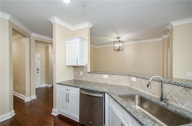 1965 Nocturne Dr Unit 1306A, Alpharetta, GA 30009 - kitchen with stainless steel dishwasher, a sink, backsplash, light stone countertops, and white cabinetry