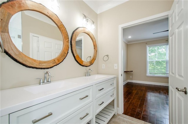 1965 Nocturne Dr Unit 1306A, Alpharetta, GA 30009 - full bath with wood-type flooring, double vanity, baseboards, ornamental molding, and recessed lighting
