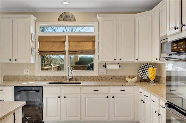 kitchen featuring ornamental molding, a sink, white cabinets, dishwasher, and double oven