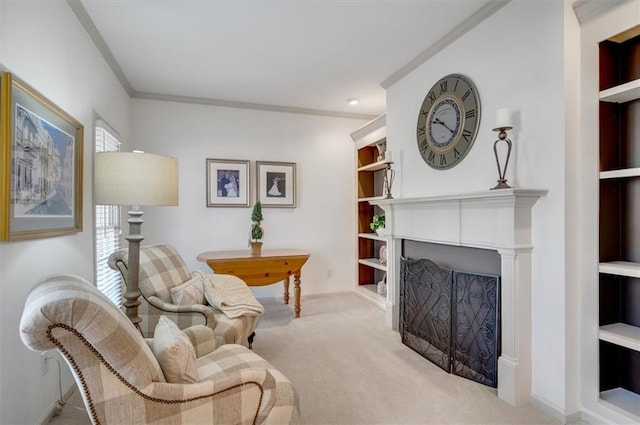 living area featuring a fireplace, carpet, baseboards, and ornamental molding