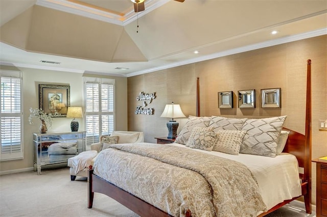 carpeted bedroom featuring multiple windows, wallpapered walls, and crown molding