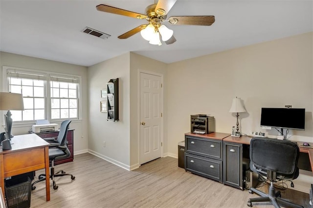 home office featuring visible vents, ceiling fan, light wood-type flooring, and baseboards