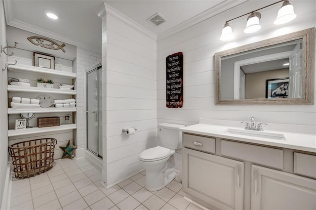 full bathroom featuring visible vents, a stall shower, and ornamental molding