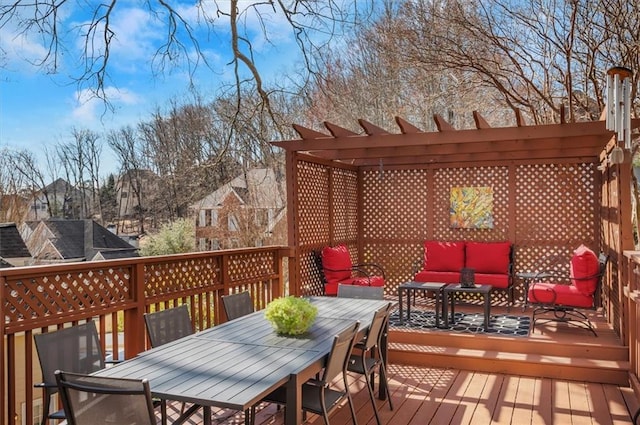 deck with outdoor lounge area, outdoor dining area, and a pergola