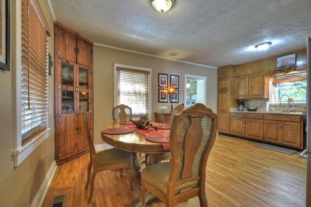 dining room with crown molding, sink, light wood-type flooring, and a wealth of natural light