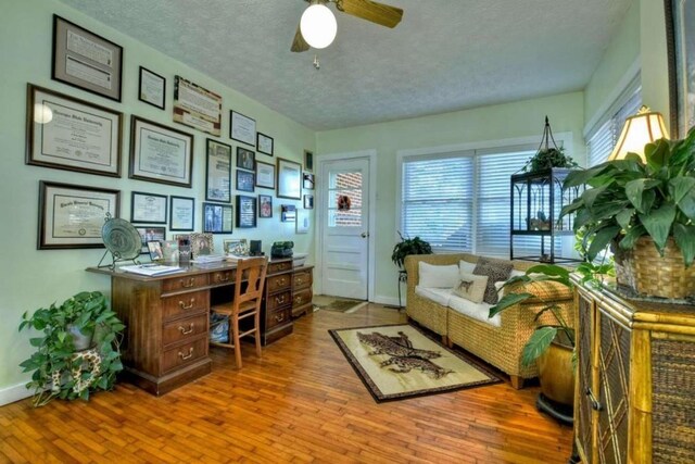 office space with a textured ceiling, hardwood / wood-style flooring, and ceiling fan