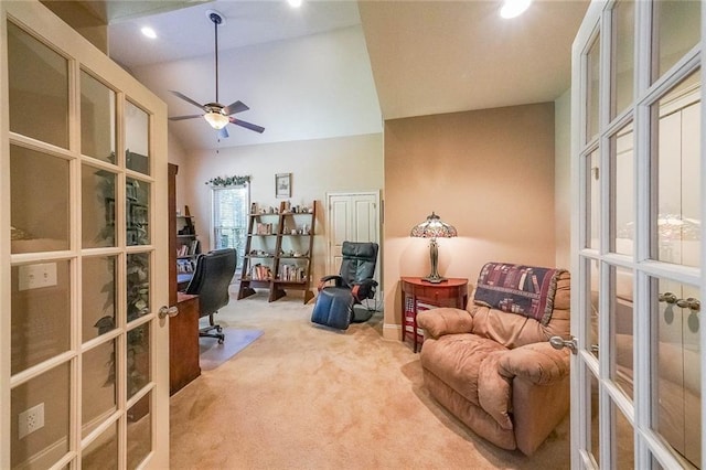 office area featuring french doors, ceiling fan, high vaulted ceiling, and carpet floors