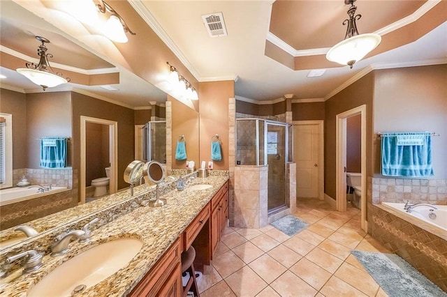 full bathroom featuring toilet, crown molding, plus walk in shower, and vanity