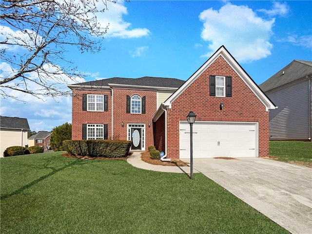 view of front of home featuring brick siding, concrete driveway, and a front yard