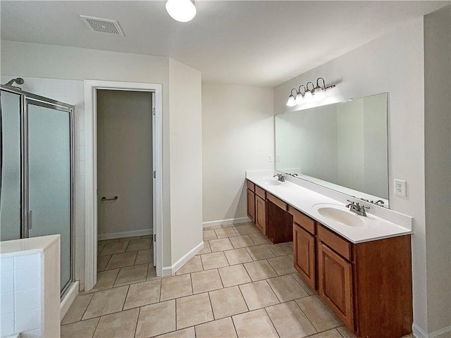 full bathroom with tile patterned flooring, a sink, visible vents, a shower stall, and double vanity