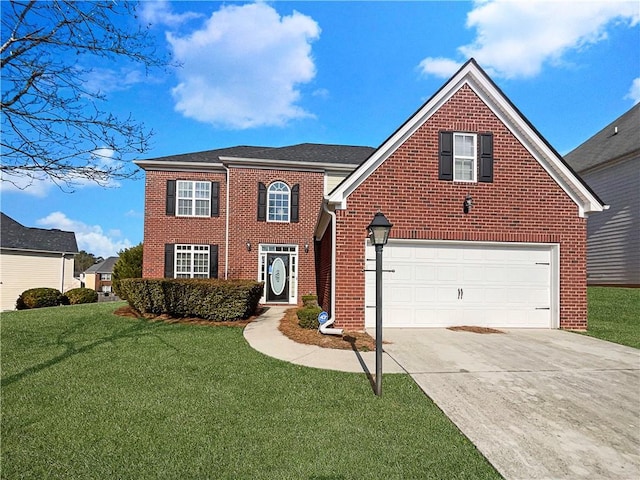 view of front facade featuring a garage, driveway, brick siding, and a front yard