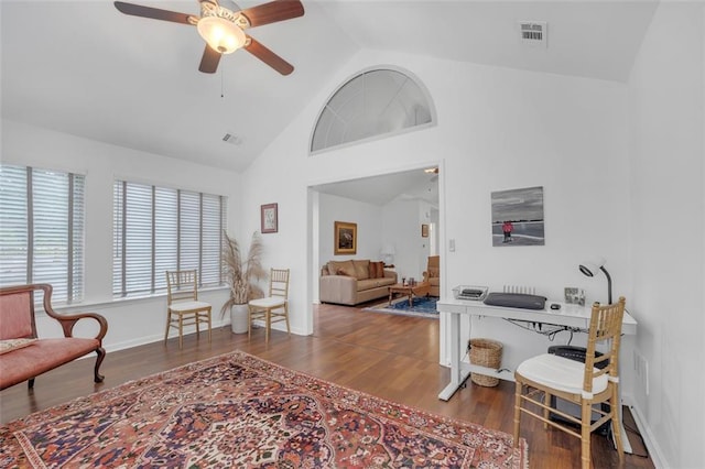 1402 Silver Summit Dr SE, Conyers, GA 30094 - office space with wood finished floors, ceiling fan, and high vaulted ceiling