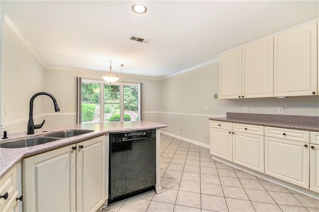 kitchen featuring black dishwasher, a sink, light tile patterned flooring, ornamental molding, and baseboards
