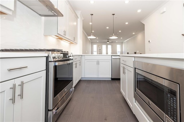 352 Olmstead Way Unit 28, Alpharetta, GA 30022 - kitchen featuring stainless steel appliances, a peninsula, ventilation hood, a ceiling fan, and white cabinetry