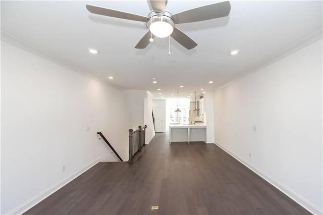 352 Olmstead Way Unit 28, Alpharetta, GA 30022 - unfurnished living room featuring ornamental molding, recessed lighting, dark wood-type flooring, and ceiling fan