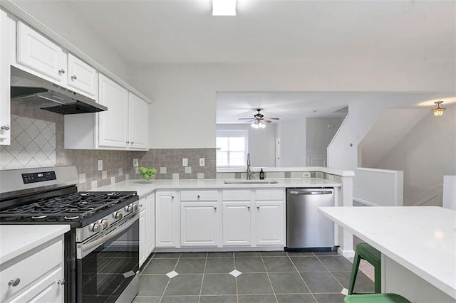 kitchen with a sink, ceiling fan, stainless steel appliances, under cabinet range hood, and backsplash