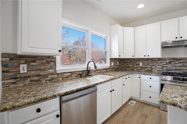 10950 Glenhurst, Duluth, GA 30097 - kitchen with appliances with stainless steel finishes, under cabinet range hood, stone counters, decorative backsplash, and white cabinets