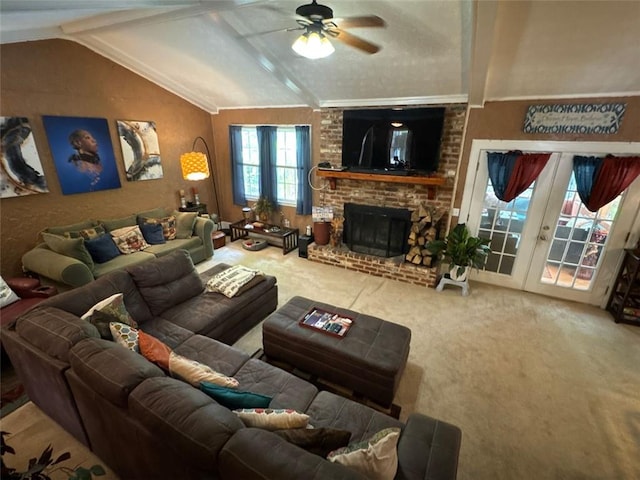 2671 Club Forest Ct SE, Conyers, GA 30013 - living area featuring carpet flooring, ceiling fan, and a fireplace