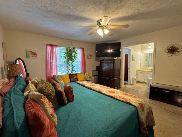 2671 Club Forest Ct SE, Conyers, GA 30013 - carpeted bedroom featuring a textured ceiling, ceiling fan, and ensuite bathroom