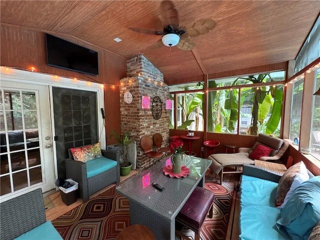 2671 Club Forest Ct SE, Conyers, GA 30013 - sunroom / solarium featuring ceiling fan, an outdoor living space, and vaulted ceiling