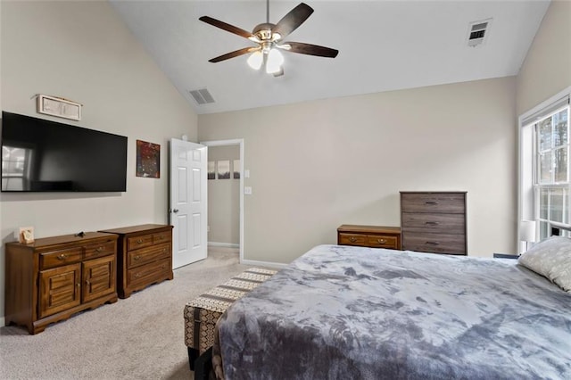 bedroom with visible vents, carpet flooring, a ceiling fan, and lofted ceiling