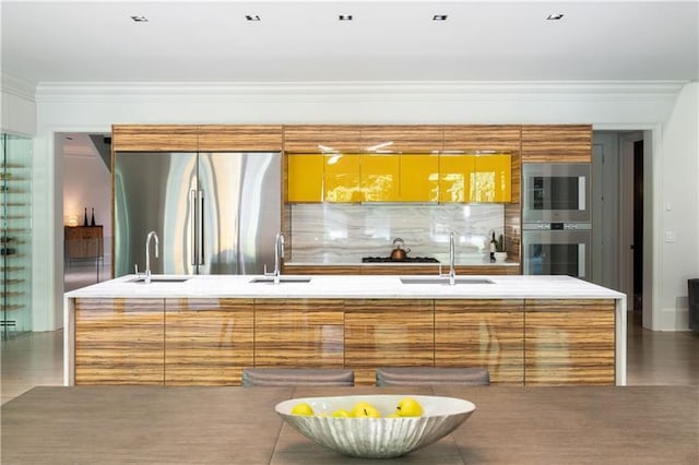 kitchen with appliances with stainless steel finishes, a sink, and crown molding