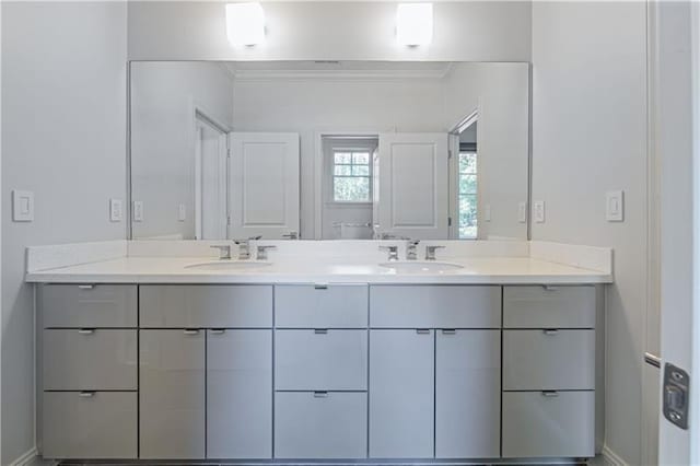 bathroom featuring double vanity, crown molding, and a sink