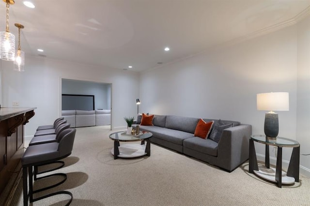 living area with recessed lighting, carpet flooring, and baseboards