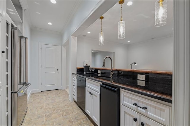 kitchen featuring high end refrigerator, white cabinets, dishwasher, ornamental molding, and a sink