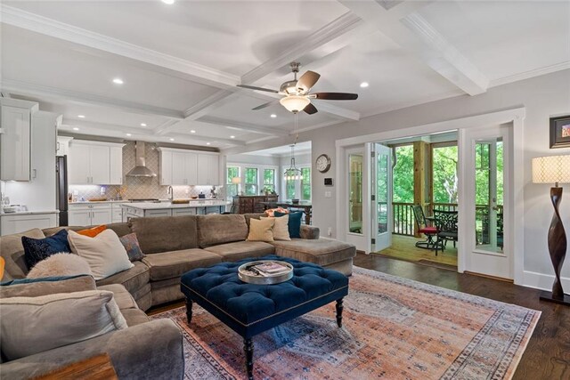 629 2nd Ave, Decatur, GA 30030 - living room featuring coffered ceiling, a ceiling fan, beam ceiling, dark wood-style floors, and recessed lighting
