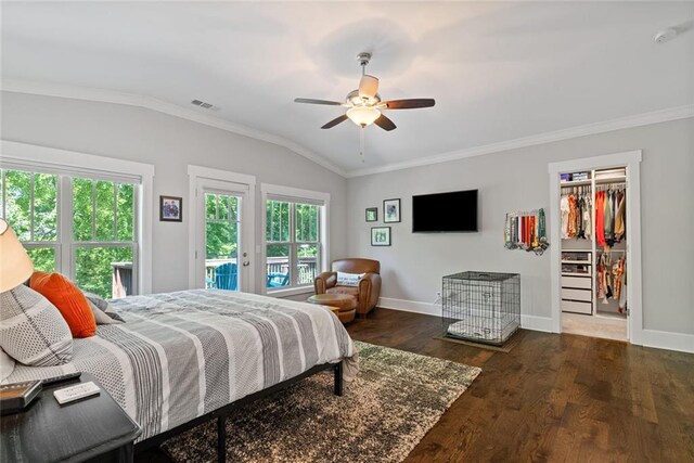 629 2nd Ave, Decatur, GA 30030 - bedroom featuring crown molding, baseboards, access to outside, multiple windows, and lofted ceiling