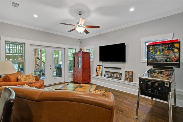 629 2nd Ave, Decatur, GA 30030 - living area featuring french doors, wood finished floors, ceiling fan, crown molding, and recessed lighting