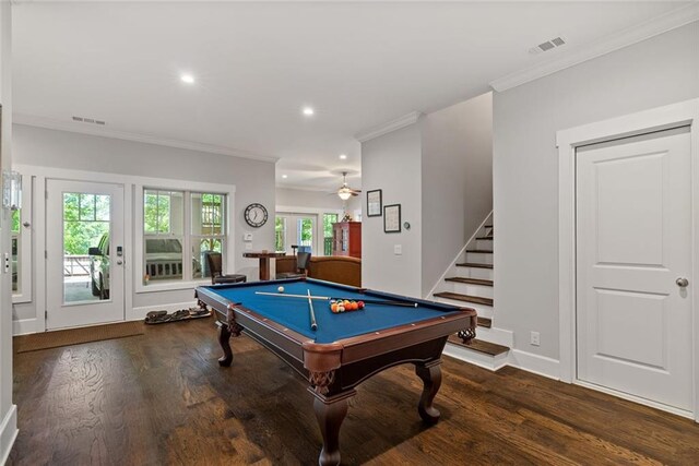 629 2nd Ave, Decatur, GA 30030 - recreation room featuring wood finished floors, billiards table, crown molding, recessed lighting, and ceiling fan