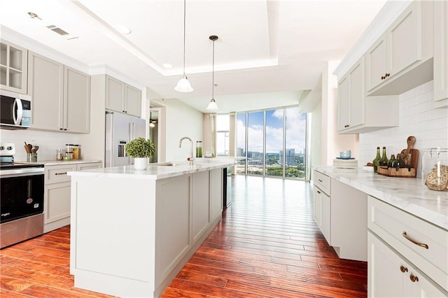 kitchen with stainless steel appliances, a sink, a raised ceiling, floor to ceiling windows, and tasteful backsplash