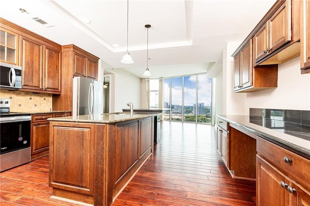 kitchen with stainless steel appliances, a wall of windows, a tray ceiling, backsplash, and dark wood-type flooring