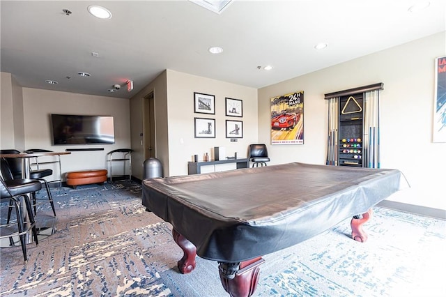 playroom featuring billiards table, recessed lighting, and baseboards